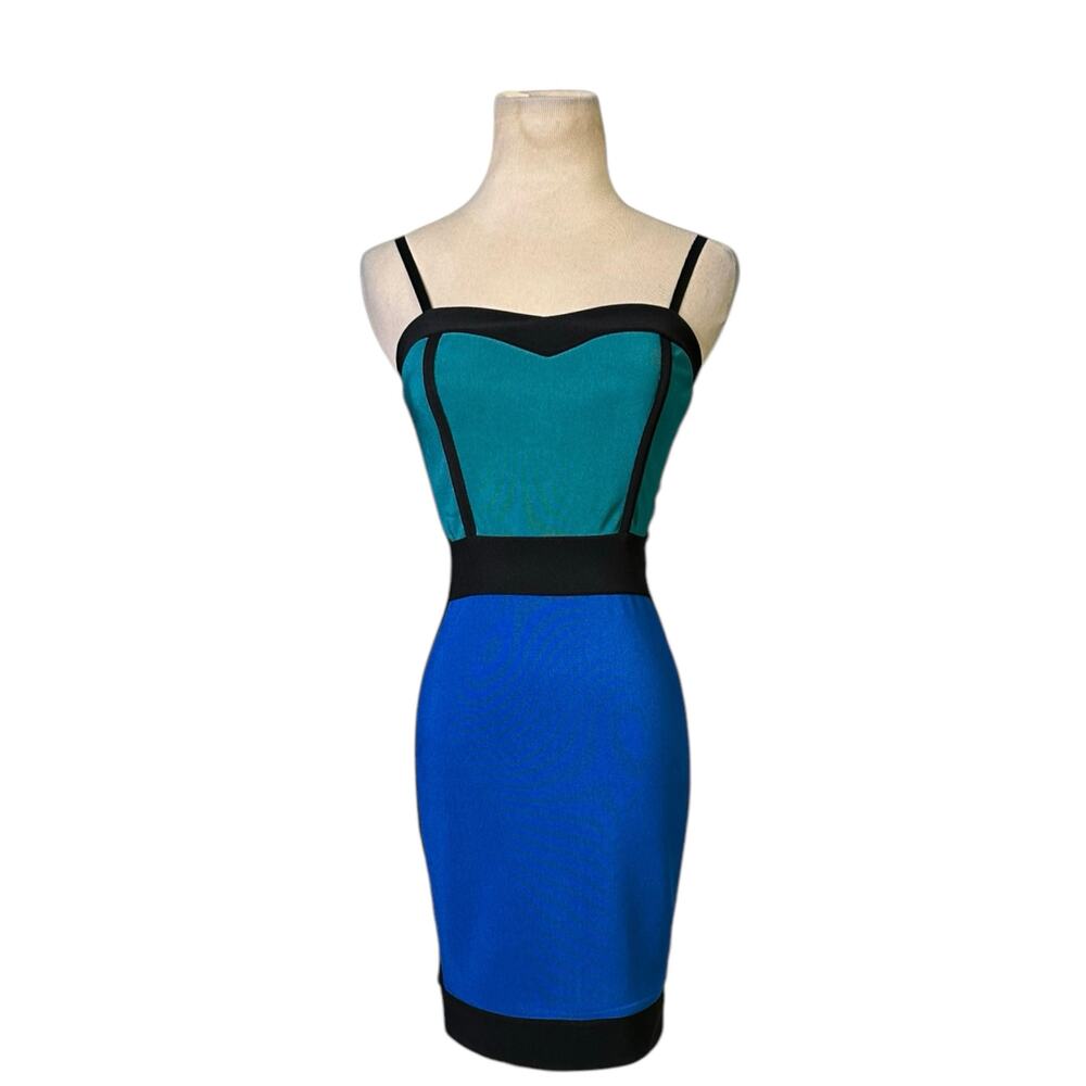 Selenia blue green black color block body con dress size Small